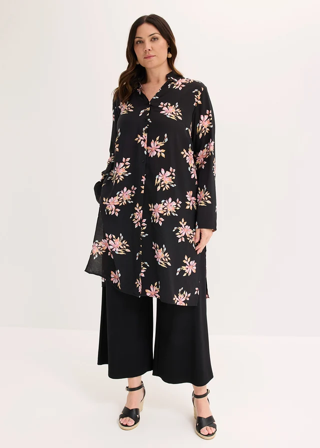 Blouse longue en viscose fluide, Couleur: noir floral
