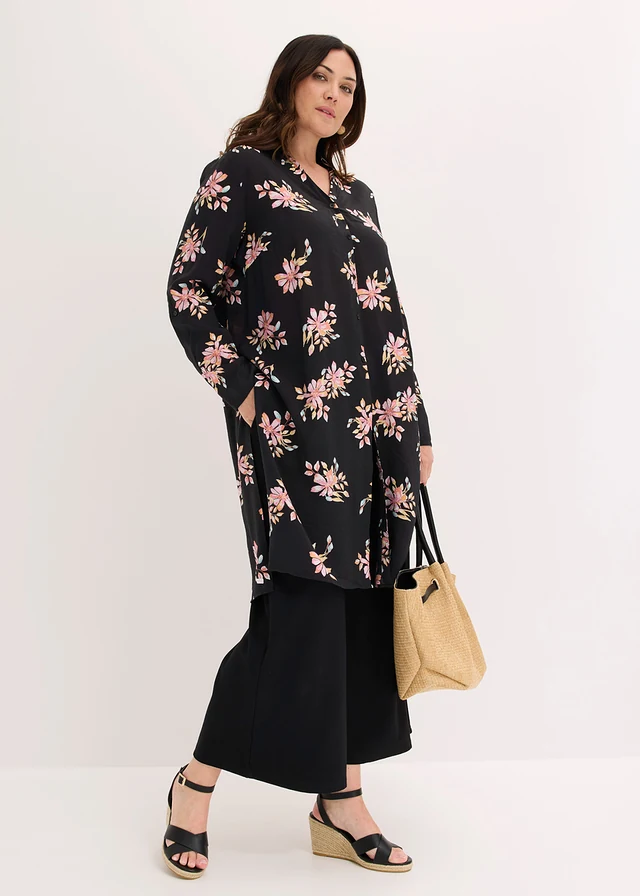 Lange blouse van soepele viscose, Kleur: zwart gebloemd