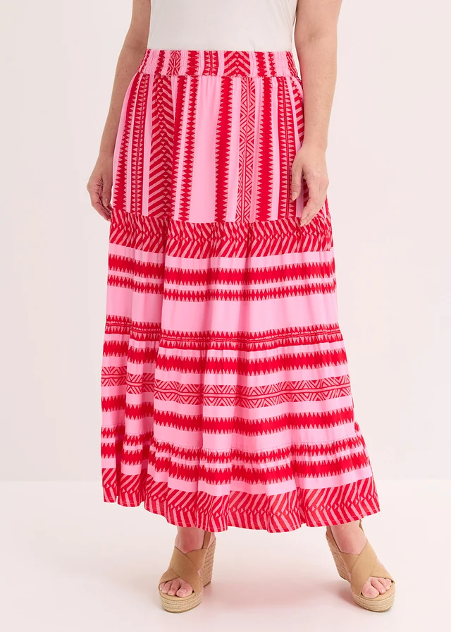 Jupe longue et fluide en viscose, Couleur: rose/rouge imprimé