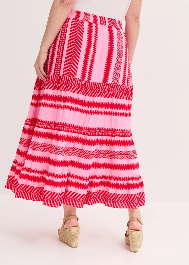 Jupe longue et fluide en viscose, Couleur: rose/rouge imprimé