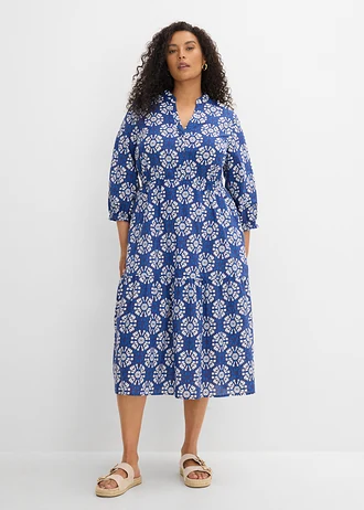 Wijde maxi jurk van puur katoen, Kleur: arctisch blauw-wit-middernachtblauw gedessineerd