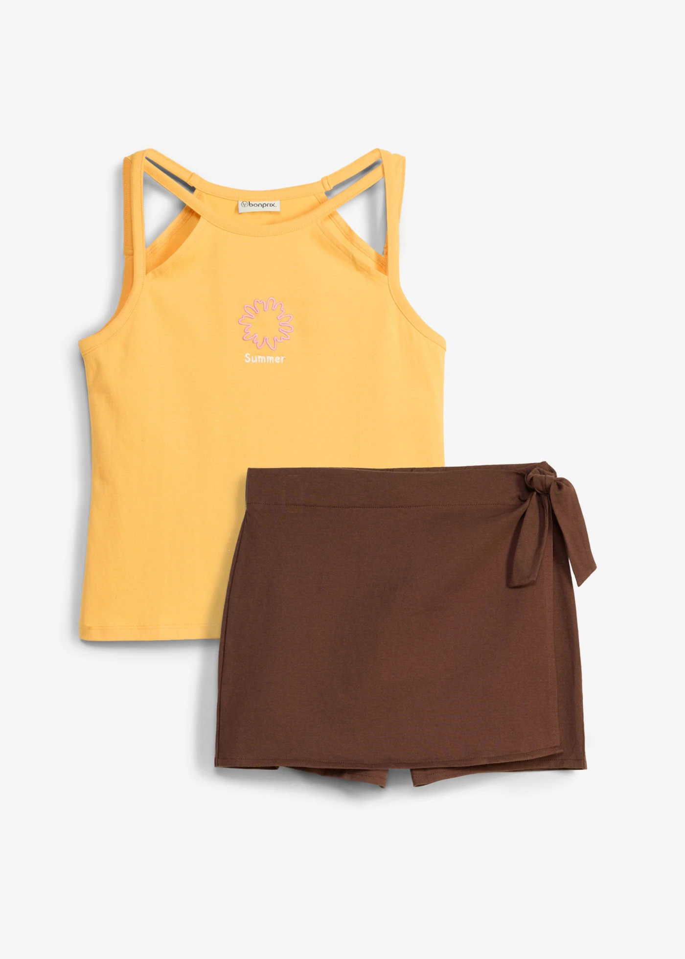 Top a skort z čisté organické bavlny (2dílná souprava) • hnědá + tmavě žlutá • bonprix obchod