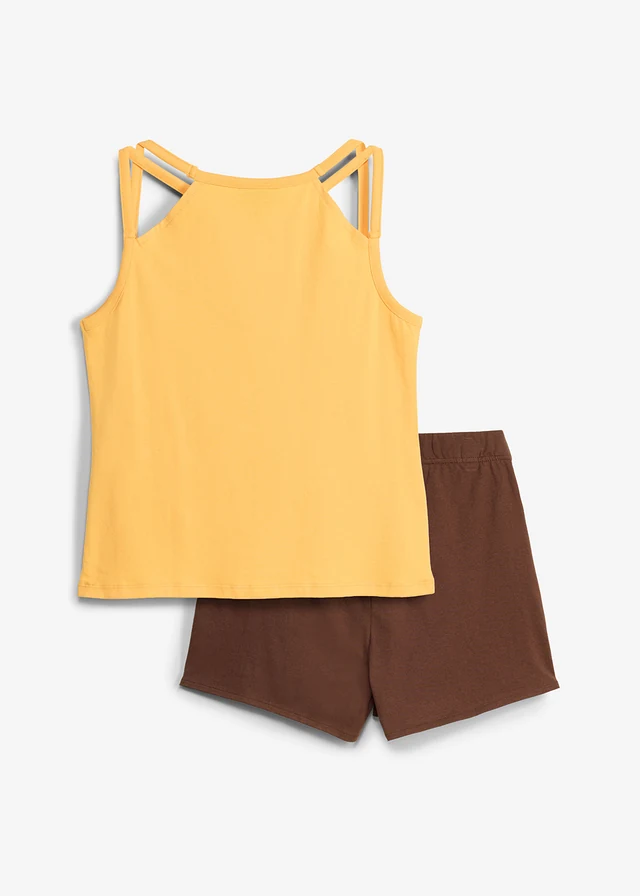 Top a skort z čisté organické bavlny (2dílná souprava), barva: hnědá + tmavě žlutá