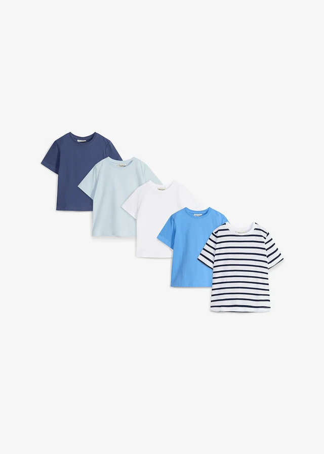 T-shirt van biologisch katoen (set van 5), Kleur: donkerblauw+indigo+middenblauw+poederblauw+wit-donkerblauw gestreept
