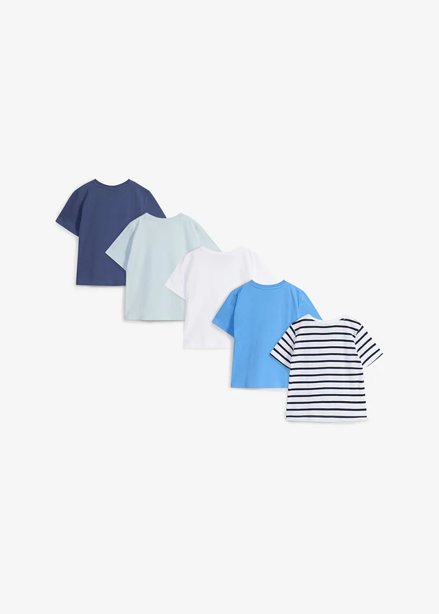 T-shirt van biologisch katoen (set van 5) • donkerblauw+indigo+middenblauw+poederblauw+wit-donkerblauw gestreept • product-page.page-title-suffix