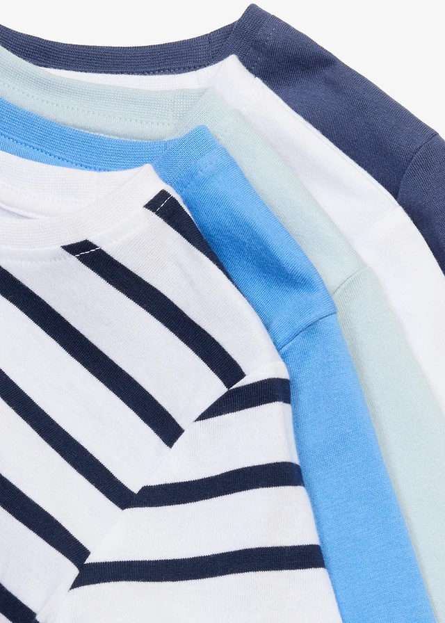 Lot de 5 T-shirts 100% coton, Couleur: bleu foncé + indigo + bleu moyen + bleu poudré + blanc-bleu foncé rayé