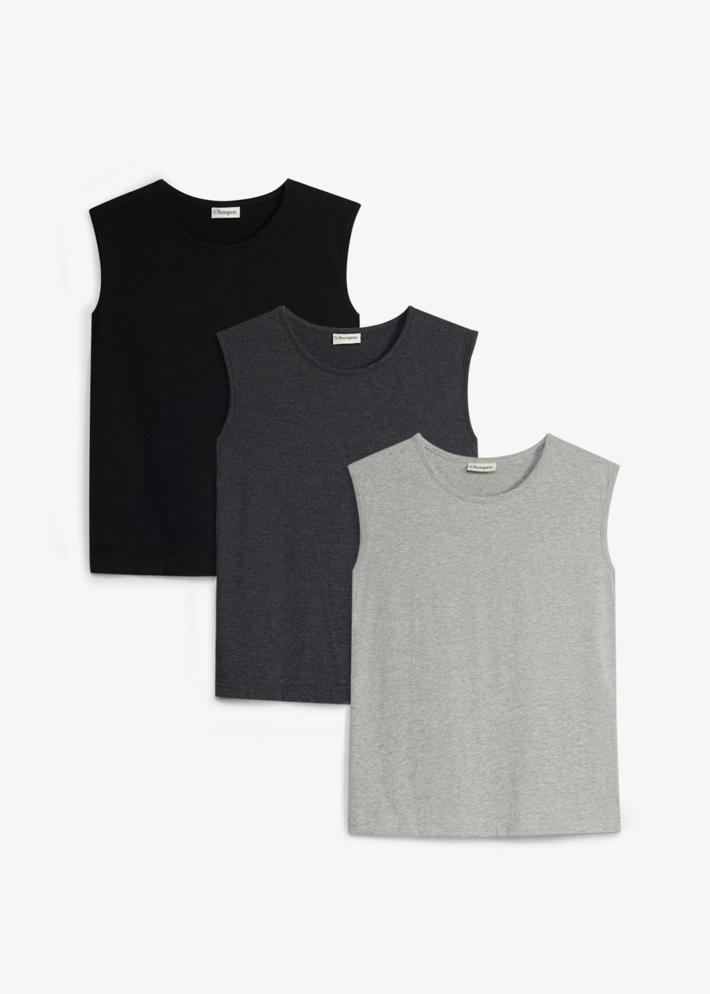 Tank top z bawełny organicznej (3 sztuki) • jasnoszary melanż+antracytowy melanż+czarny • sklep bonprix