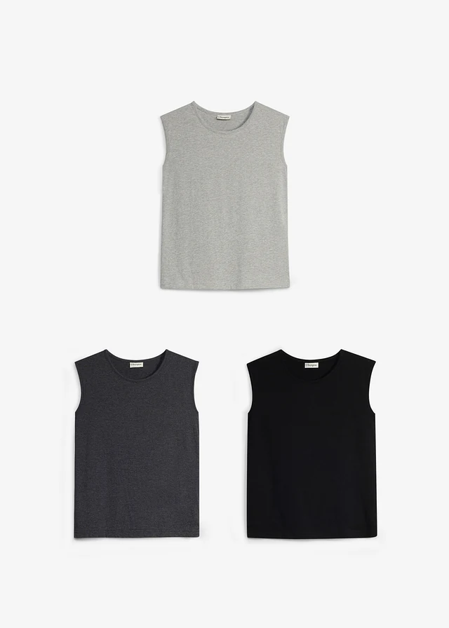 Tank top z bawełny organicznej (3 sztuki), kolor: jasnoszary melanż+antracytowy melanż+czarny