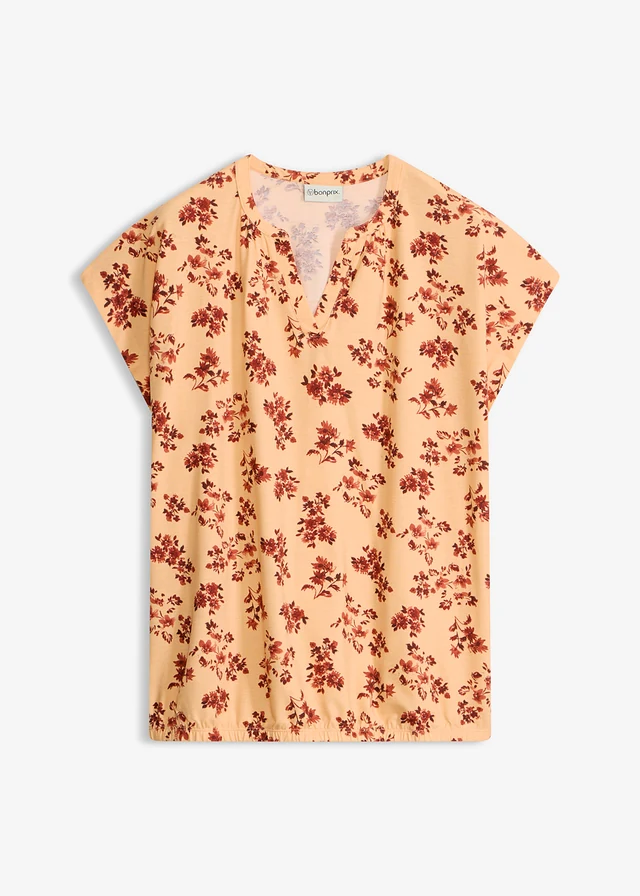 Bluză tricot-tunică din viscoză moale, culoare: oranj-papaia-roșu-scorțișoară floral