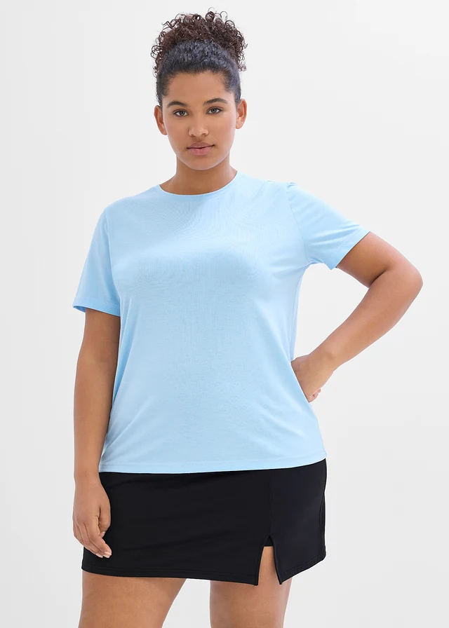 Sportshirt van katoen, sneldrogend (set van 2), Kleur: zwart+lichtblauw