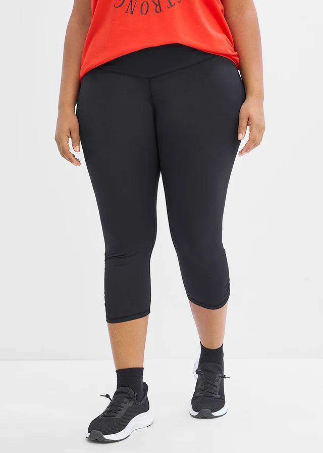 Ultralichte sportcapri-legging met plooien, sneldrogend, Kleur: zwart