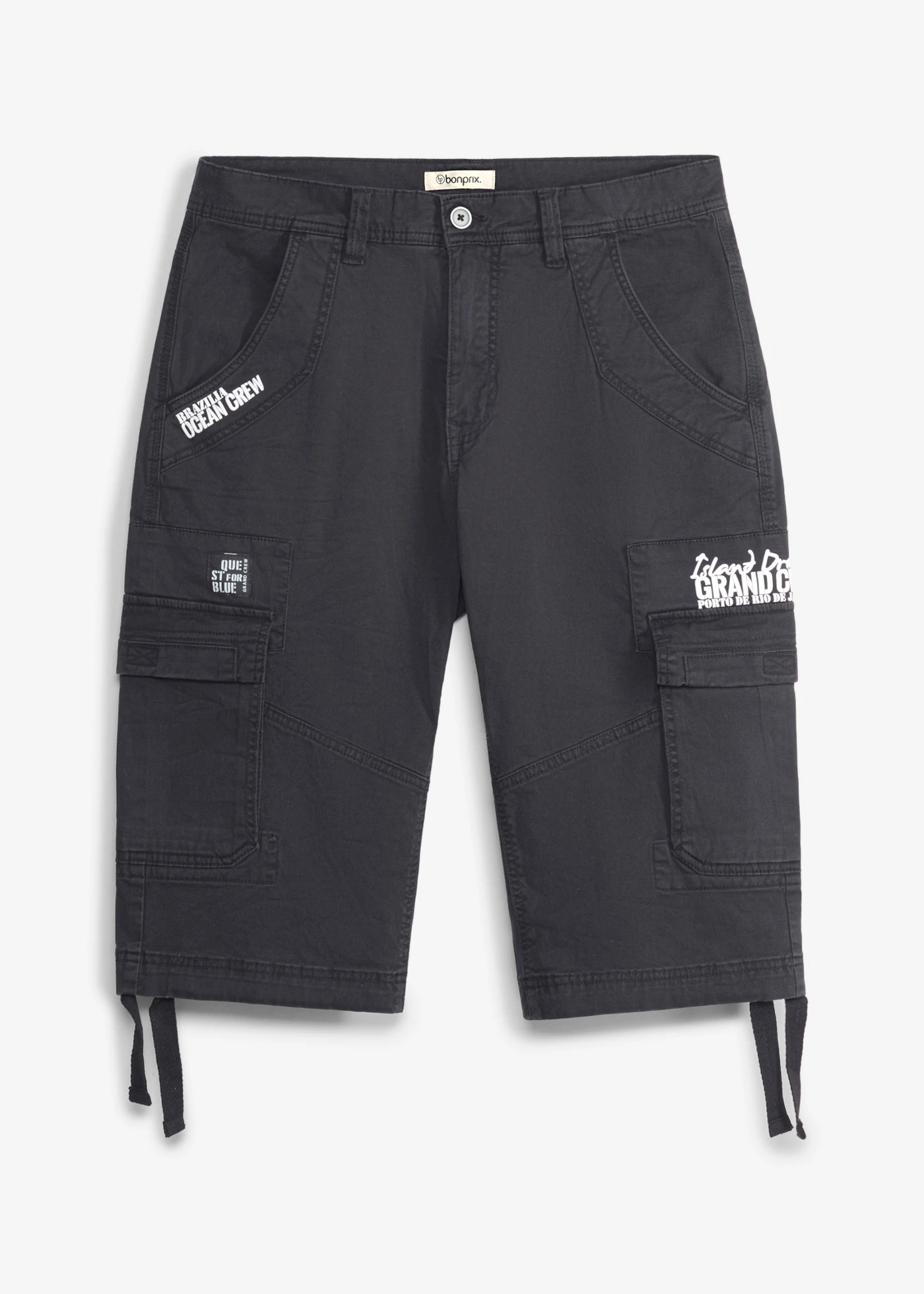 Bermude lungi cu buzunare cargo, Regular Fit • negru cu imprimeu • magazin bonprix