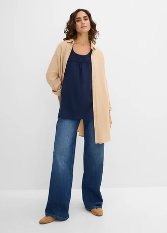 T-shirt coton et dentelle, manches courtes • bleu foncé • Boutique bonprix