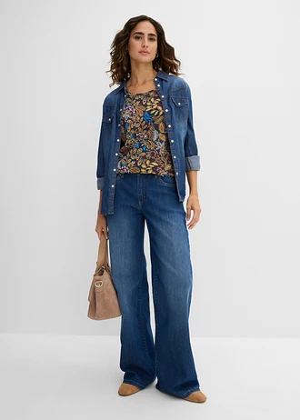 T-shirt coton imprimé, manches courtes, Couleur: bleu foncé imprimé