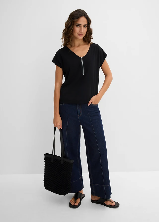 Shirt met ritssluiting, korte mouw, Kleur: zwart