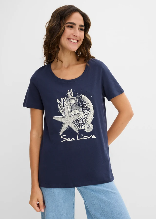 T-shirt Sea Love, Kleur: donkerblauw-crèmewit met print