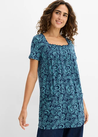 Úpletová tunika, krátky rukáv, farba: tmavomodrá/aqua paisley potlačená