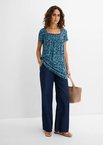 Bluză tricot-tunică, cu mâneci scurte, culoare: acvamarin/bleumarin paisley imprimat