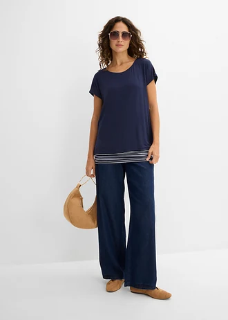 T-shirt long en viscose douce et extensible • bleu foncé-blanc rayé • Boutique bonprix