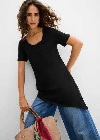 T-shirt long asymétrique en coton et viscose • noir • Boutique bonprix