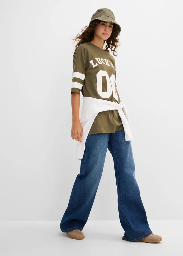 Oversized shirt van puur biologisch katoen olijfgroen-wit met print