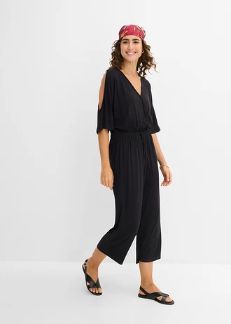 Jersey jumpsuit van vloeiende viscose, Kleur: zwart