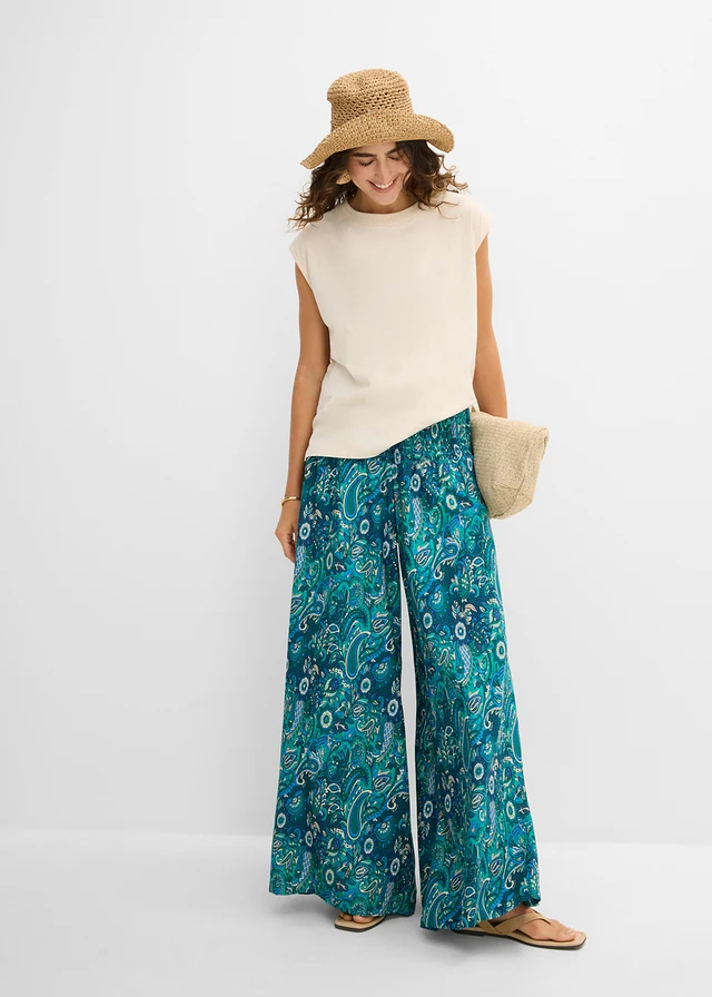 Pantalon palazzo en viscose fluide, Couleur: émeraude foncé/bleu moyen paisley