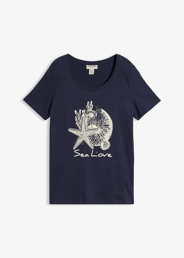 T-shirt Sea Love, Kleur: donkerblauw-crèmewit met print