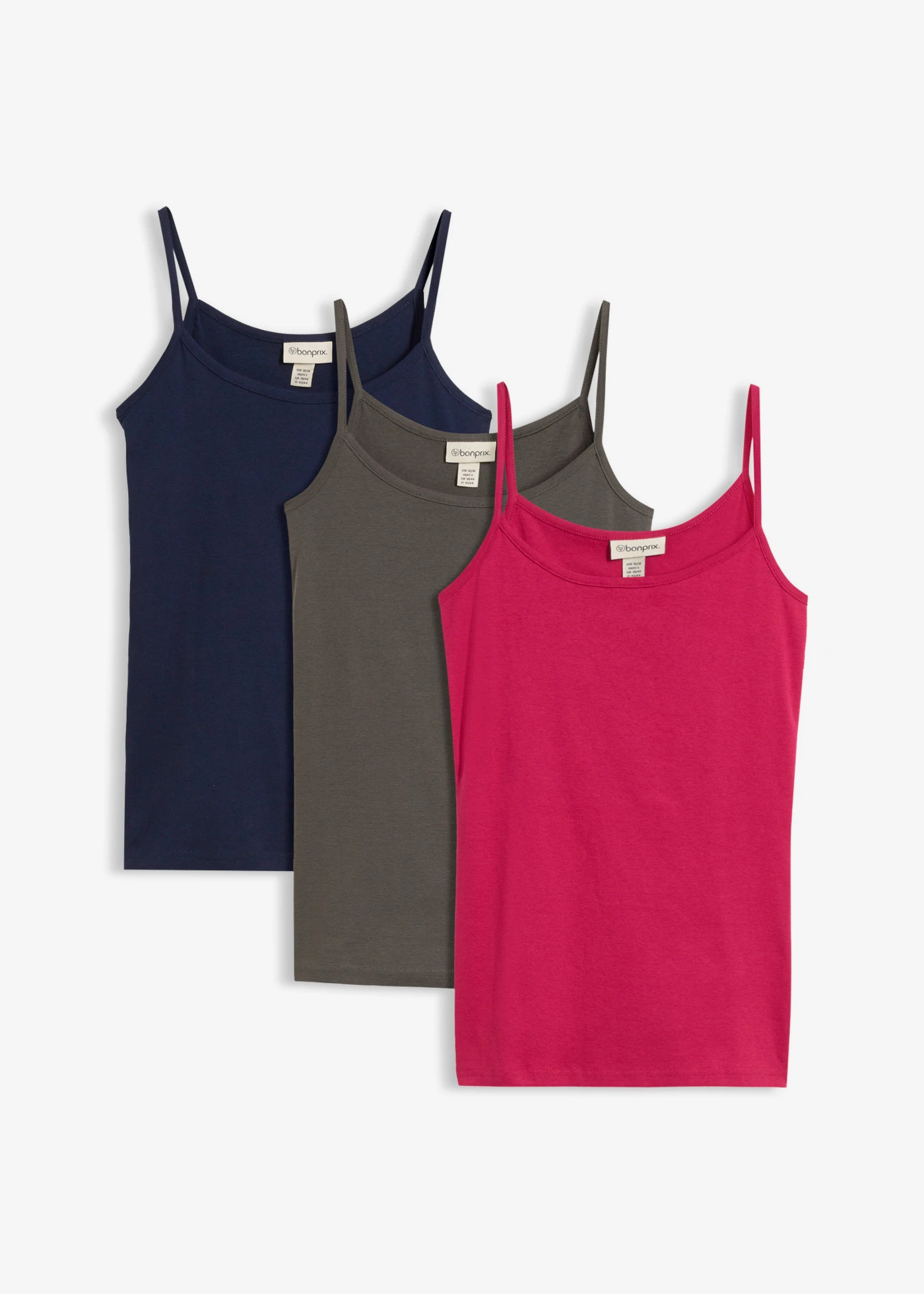 Lot de 3 tops à bretelles spaghetti 100% coton • prune bleu foncé anthracite • Boutique bonprix