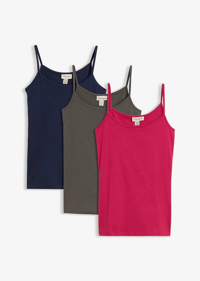 Lot de 3 tops à bretelles spaghetti 100% coton • prune bleu foncé anthracite • Boutique bonprix