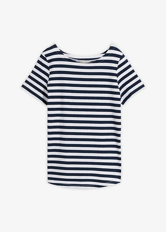 T-shirt z dekoltem w łódkę, kolor: biało-granatowy w paski