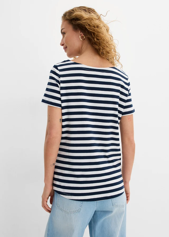 T-shirt à encolure bateau, Couleur: blanc-bleu foncé rayé