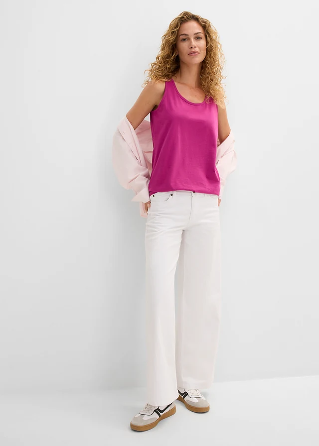 Lot de 5 débardeurs longs 100% coton, Couleur: magenta + violet orchidée + bleu clair + jaune clair + café liégeois
