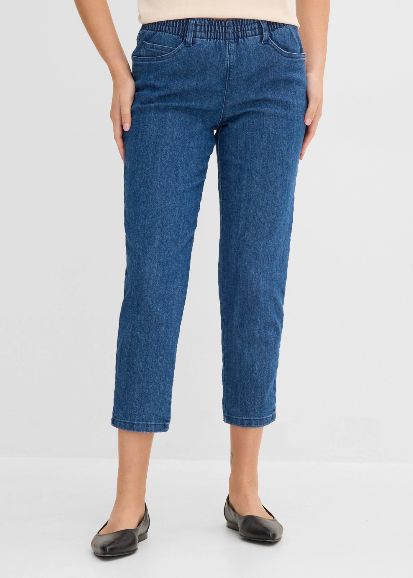 Mid waist jeans met comfortband, straight (set van 2) • blauw denim+zwart • bonprix online shop