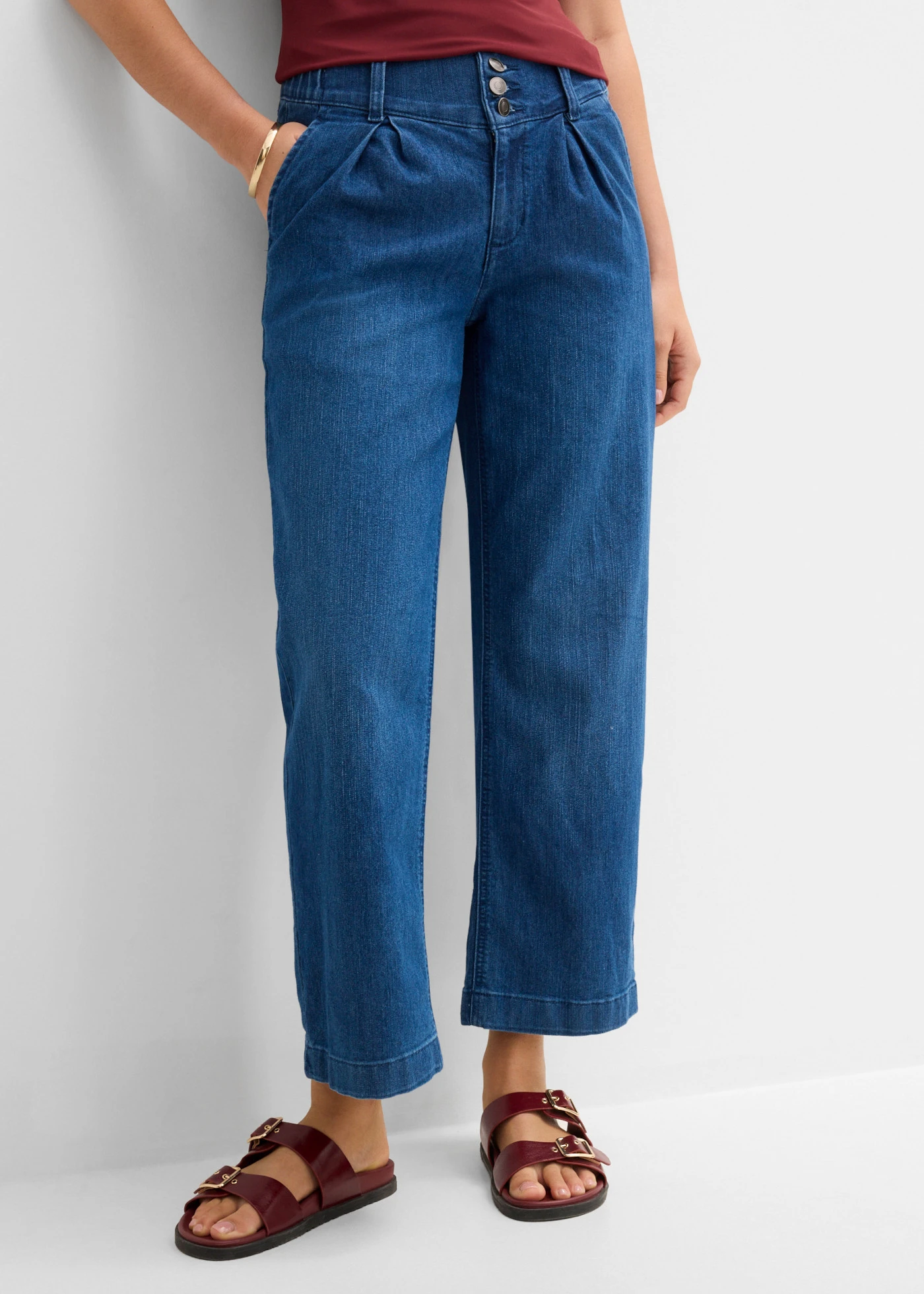 Wide leg jeans met high waist en comfortband, cropped • blue stone • bonprix online shop