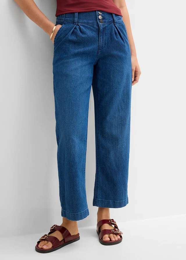 Wide leg jeans met high waist en comfortband, cropped, Kleur: blue stone