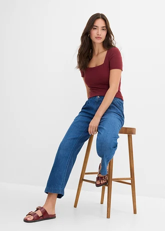 Wide leg jeans met high waist en comfortband, cropped • blue stone • bonprix online shop
