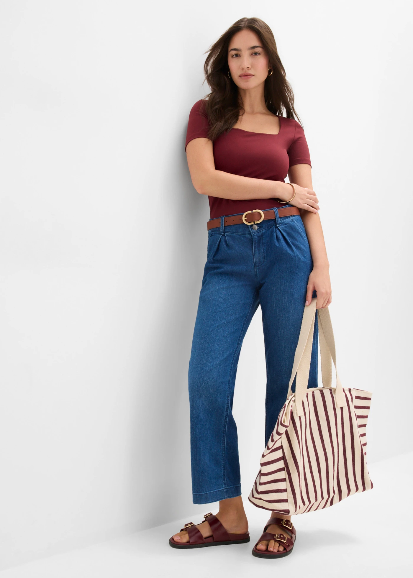 Wide leg jeans met high waist en comfortband, cropped • blue stone • bonprix online shop