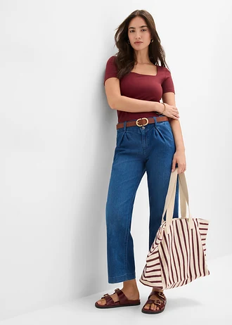 Wide leg jeans met high waist en comfortband, cropped • blue stone • bonprix online shop
