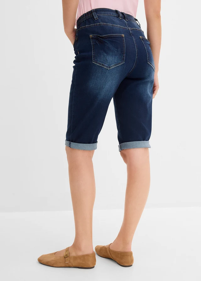 Bermuda en jean, taille mi-haute élastiquée, Couleur: bleu nuit denim