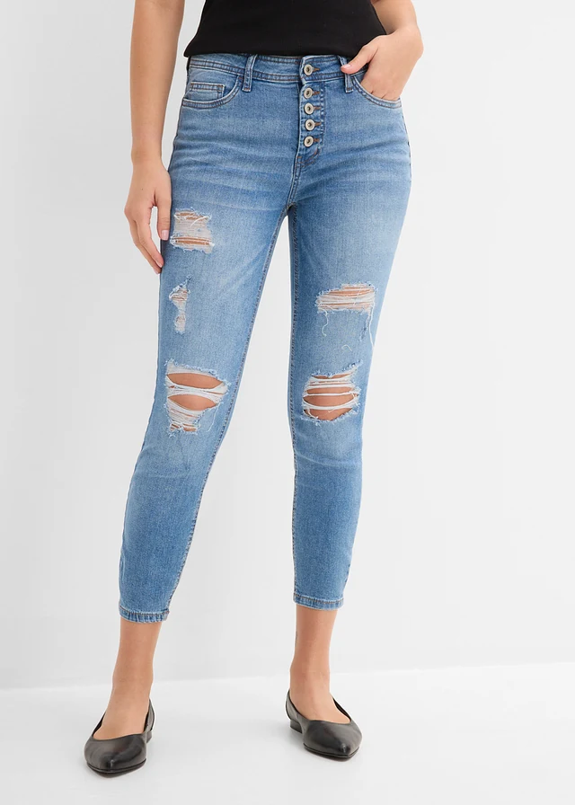 Jean skinny taille mi-haute, effets destroy, Couleur: bleu clair denim