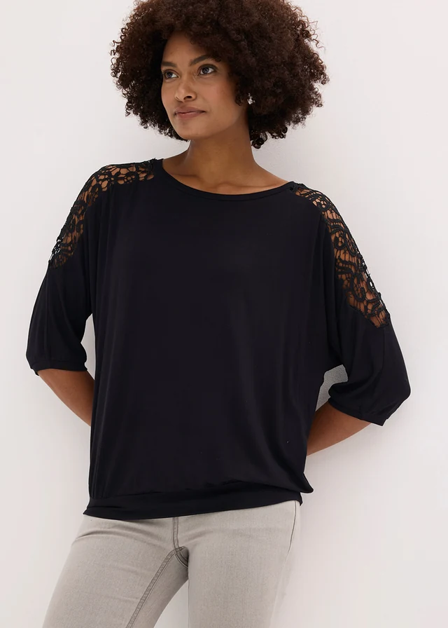 T-shirt oversize en viscose et dentelle • noir • product-page.page-title-suffix