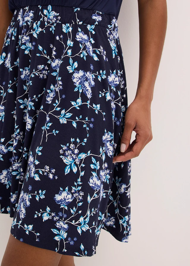 Jersey jurk in een viscosemix, Kleur: donkerblauw/lichtblauw gebloemd