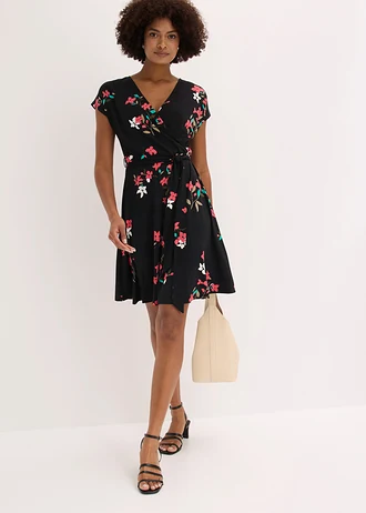 Robe en jersey style portefeuille • noir/framboise floral • Boutique bonprix