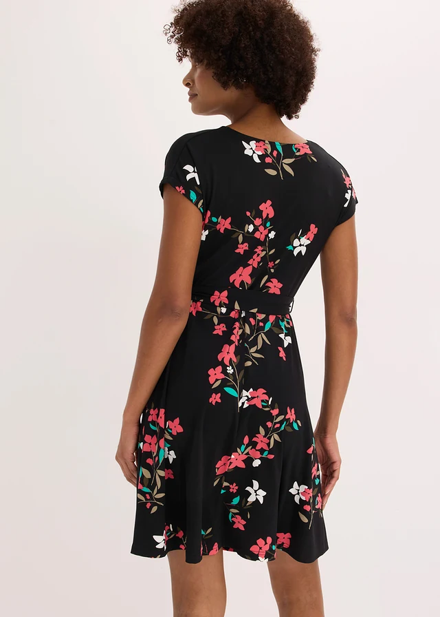 Jersey jurk in wikkellook, Kleur: zwart-framboise gebloemd