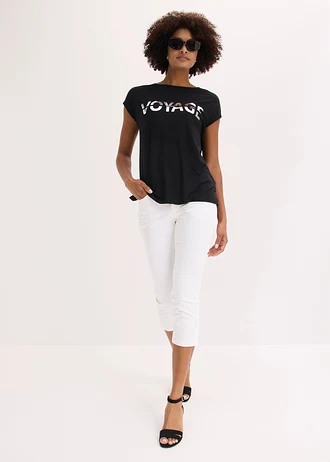 T-shirt long en viscose extensible, Couleur: noir/argenté imprimé