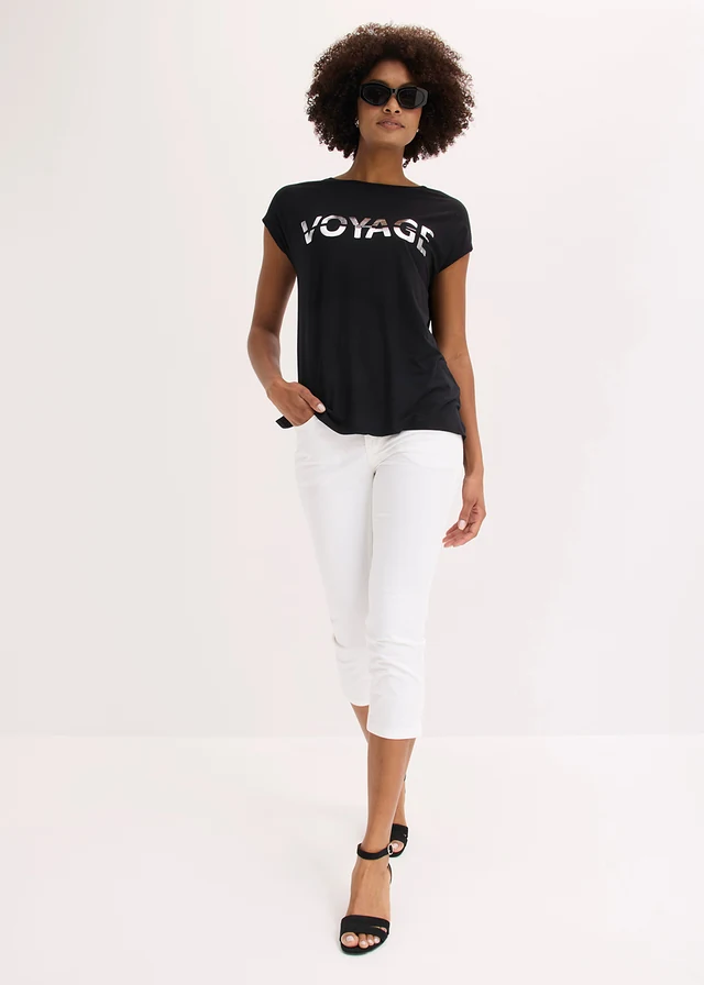 T-shirt long en viscose extensible, Couleur: noir/argenté imprimé