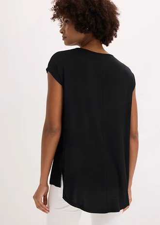 T-shirt long en viscose extensible, Couleur: noir/argenté imprimé