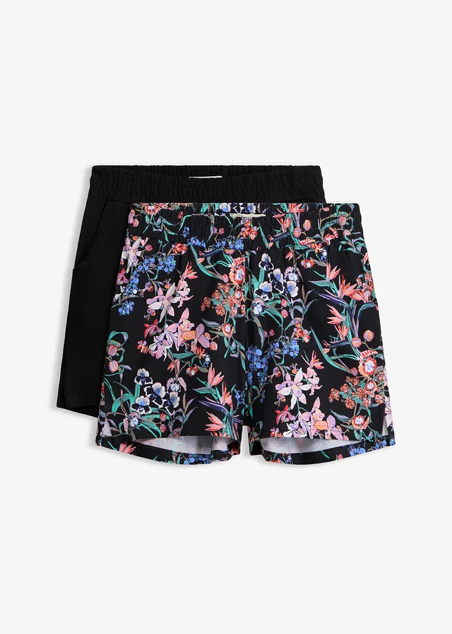 Pantaloni scurți din jerse elastic cu bumbac (set/ 2 buc.) • negru+negru cu imprimeu • magazin bonprix