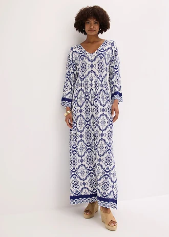 Robe longue et douce en jersey viscose • blanc/bleu imprimé • Boutique bonprix